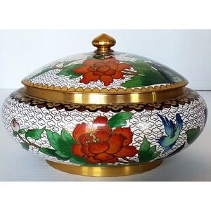 Cloisonne Lidded Round Box Brass Inlay Finial Mums Birds White/Gold/Red/Blue/Grn
